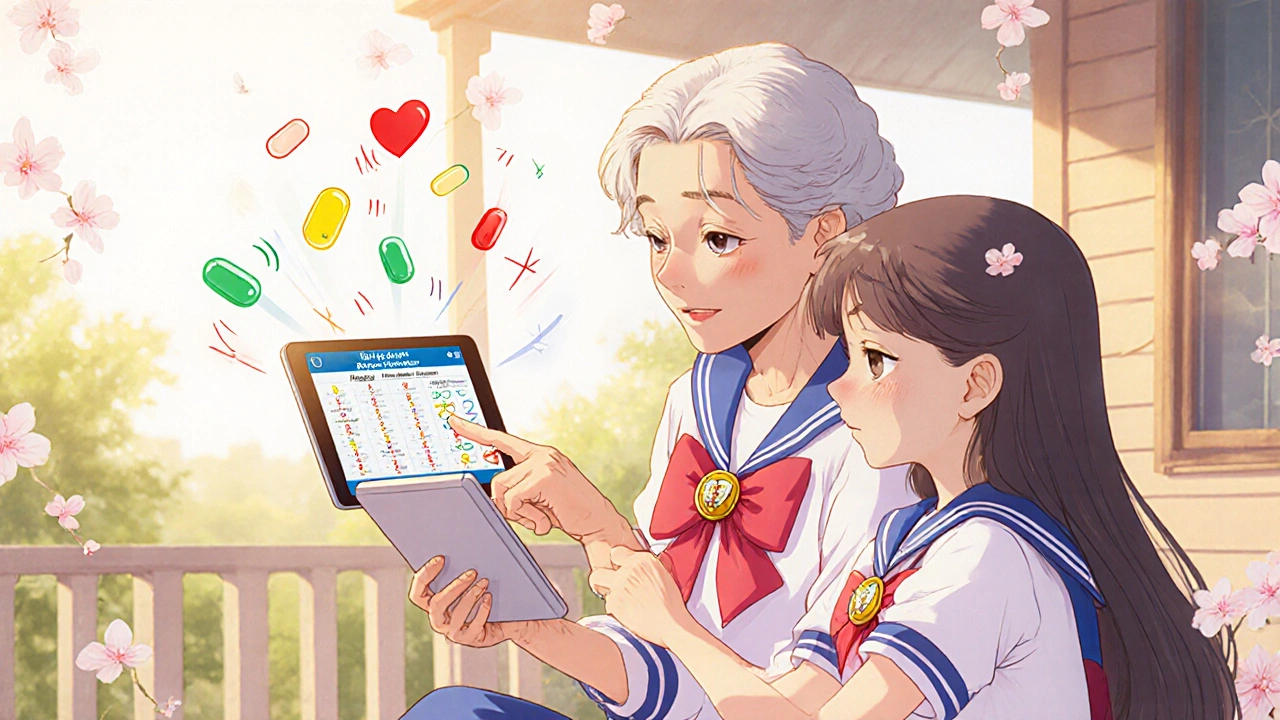 A grandmother and granddaughter review a drug interaction checker together on a sunny porch.