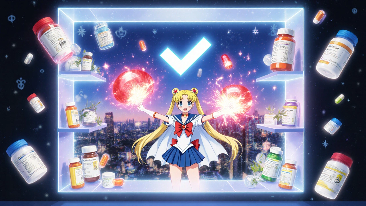 A guardian in a medical sailor uniform neutralizes a clash between dangerous drug icons in a glowing portal.