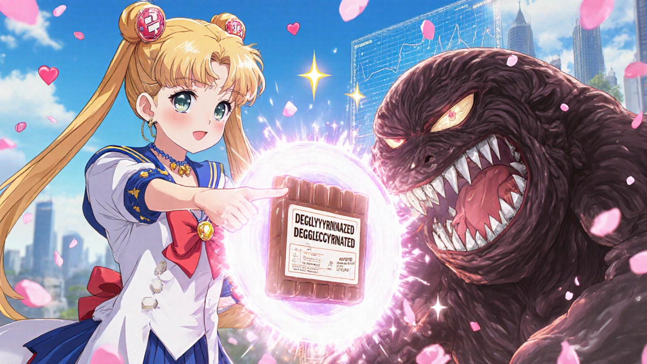 A magical pharmacist using a shield to block a licorice monster while holding a safe DGL candy.