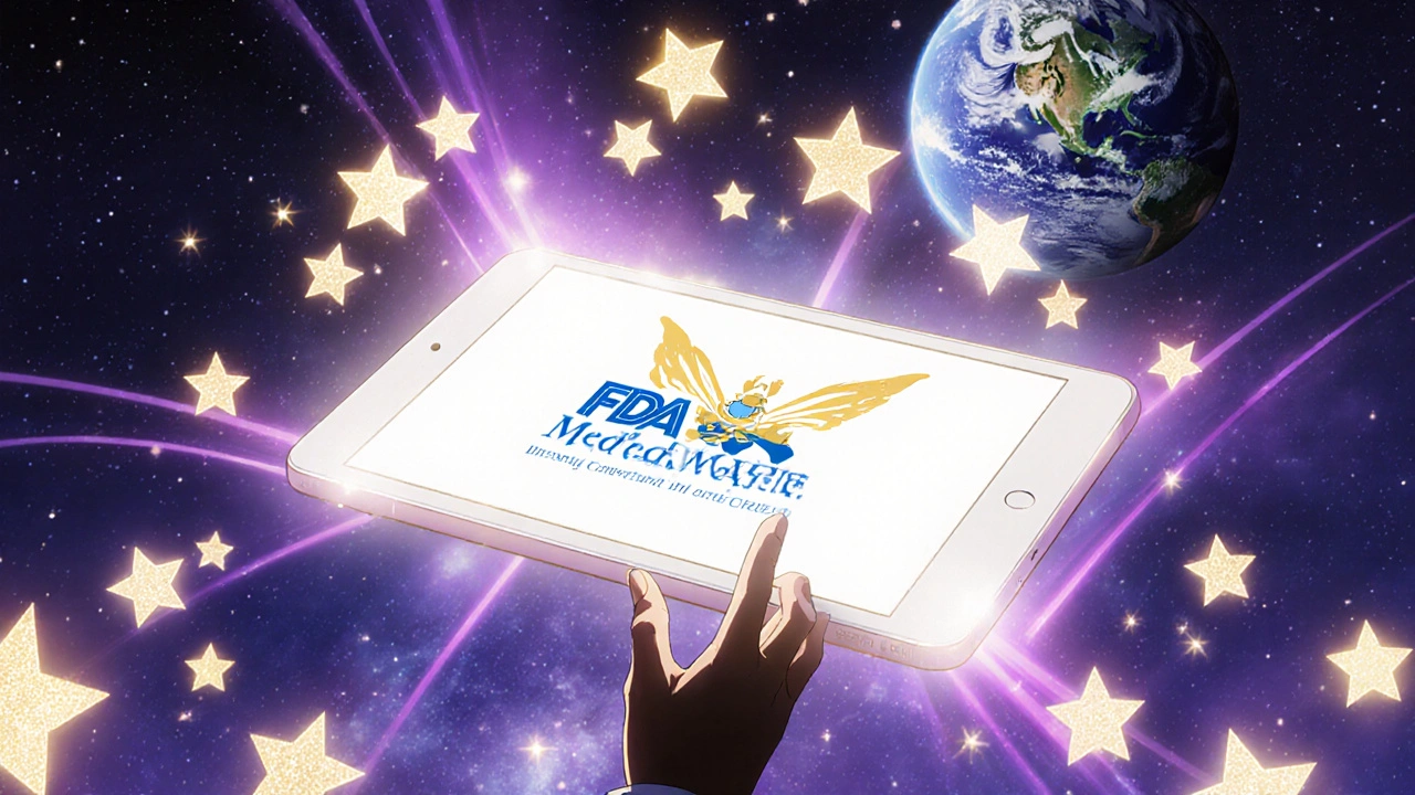 A mystical tablet with FDA logo surrounded by floating patient reports turning into stars.