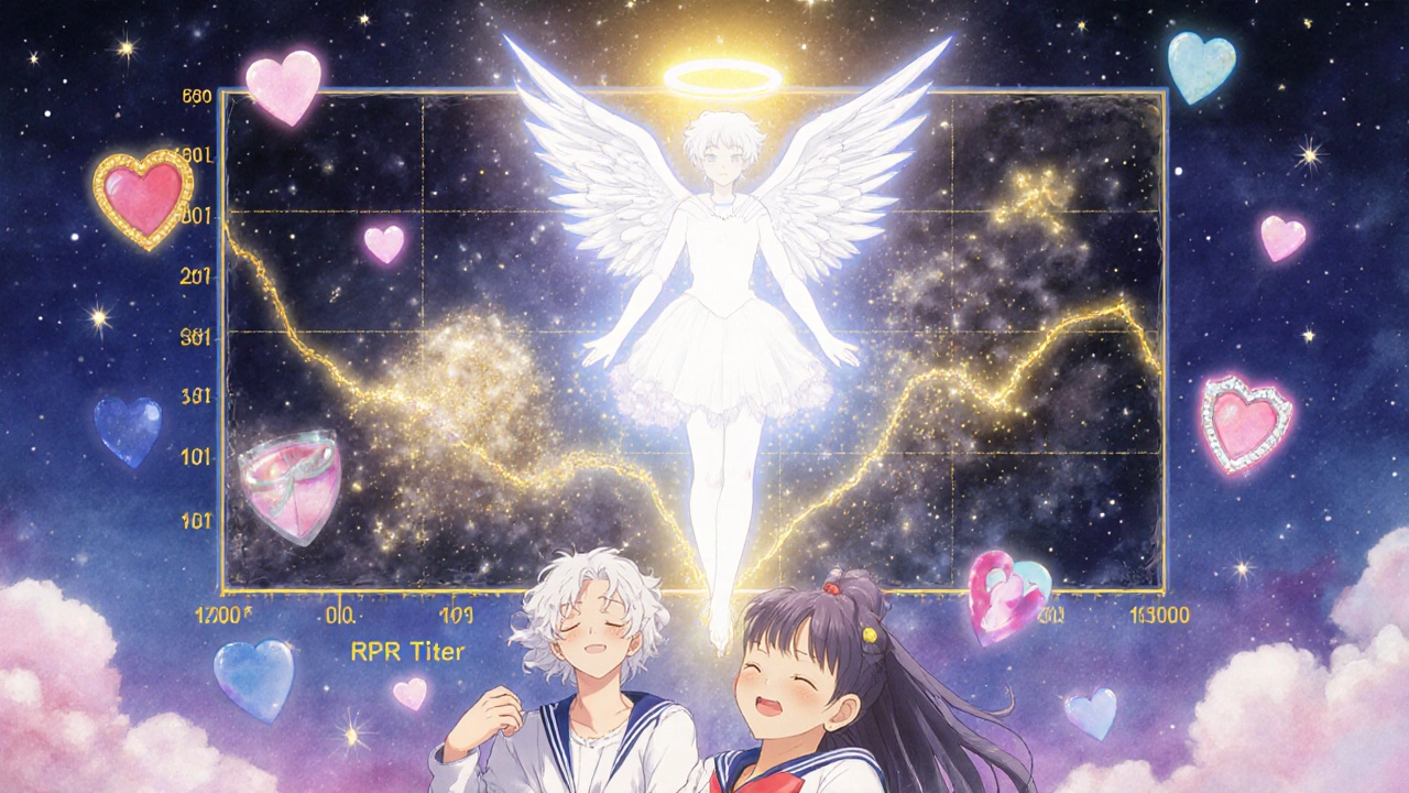 A penicillin angel dissolving syphilis into stardust as a health graph rises.