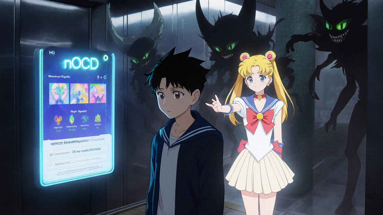 A person facing shadowy elevator monsters, with a digital CBT app glowing beside them and a supportive figure reaching out.
