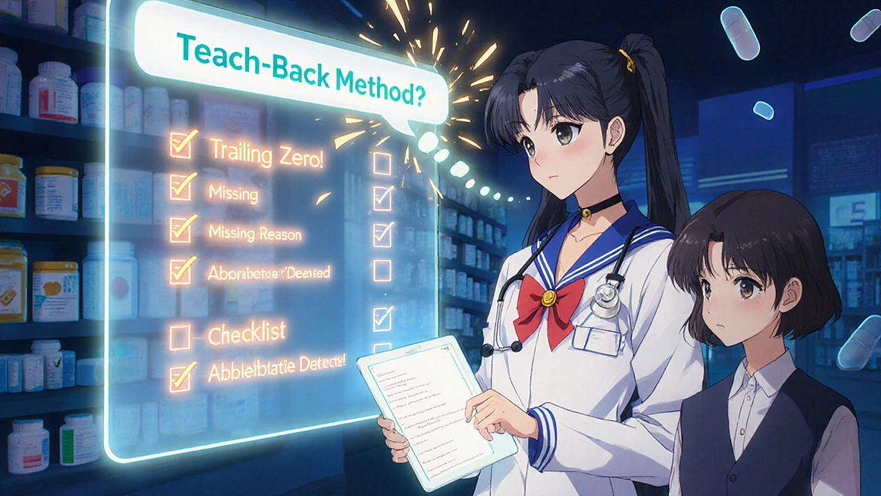 A pharmacist and patient stand beside a digital prescription screen with glowing error alerts and a glowing checklist.