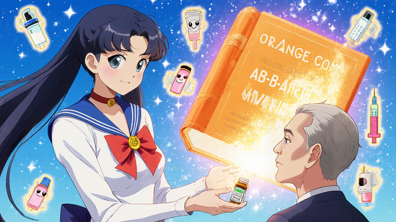 A pharmacist gives a glowing generic antibiotic vial to a patient as a magical Orange Book opens behind them.