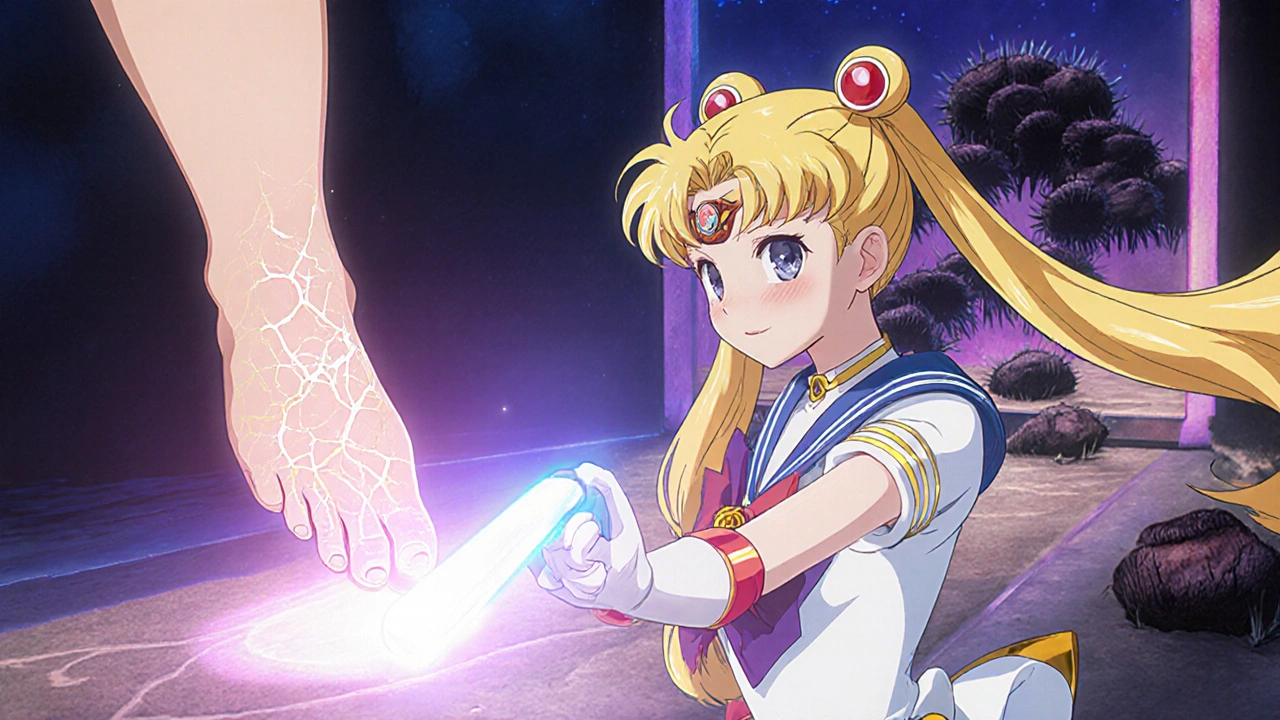 A podiatrist scans a foot with a glowing wand, revealing nerve damage as shimmering cracks.