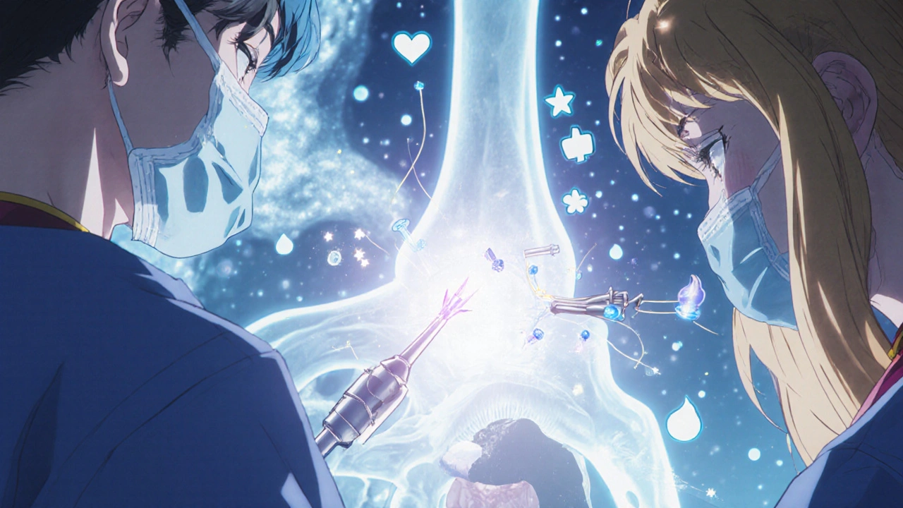 A surgeon repairing a shoulder with glowing sutures and enchanted anchors, surrounded by floating MRI visuals in magical anime style.
