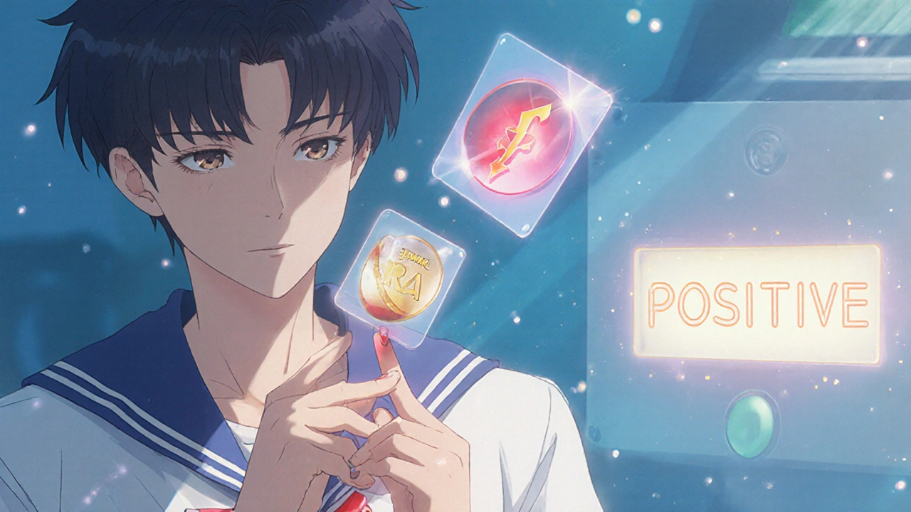 A technician drawing blood with floating test symbols glowing above the sample.