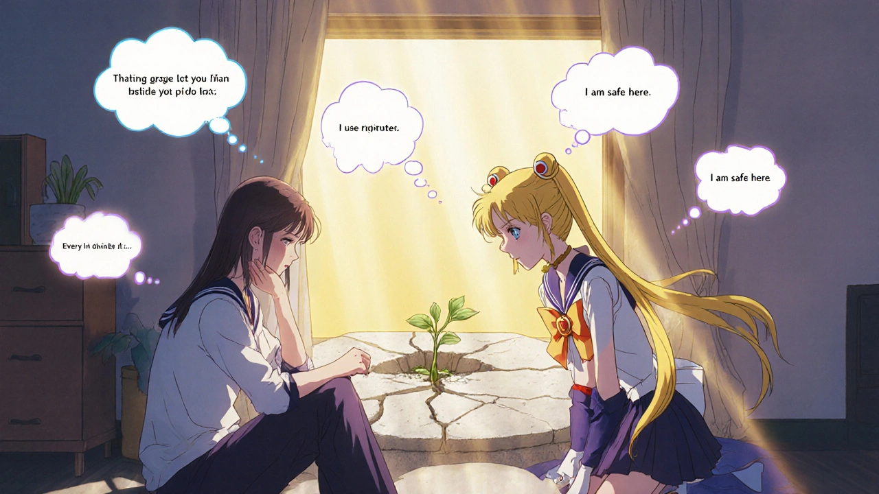 A therapist and patient in a warm room, with negative thoughts transforming into glowing affirmations under golden light.