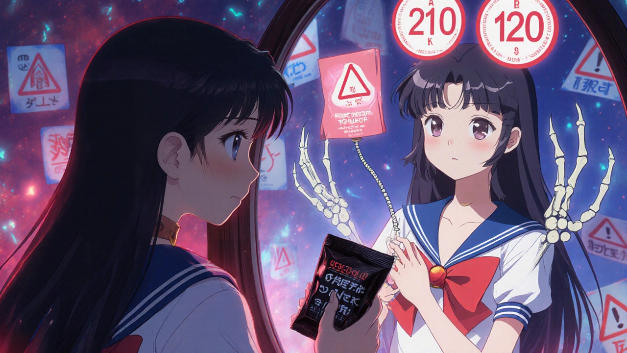 A woman holding licorice candy, her mirror reflection showing high blood pressure and losing potassium.