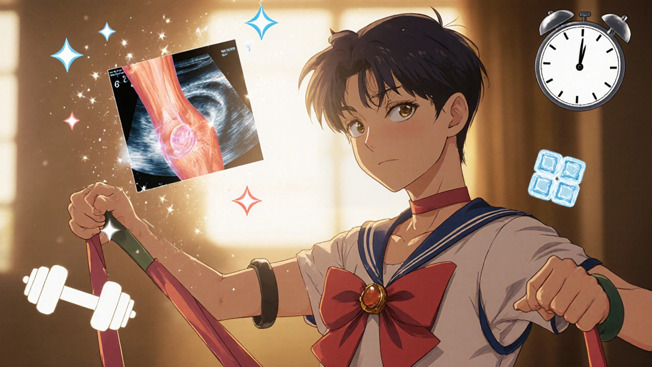 A young person doing shoulder rehab with glowing motion arrows and an ultrasound image floating above, in soft anime lighting.