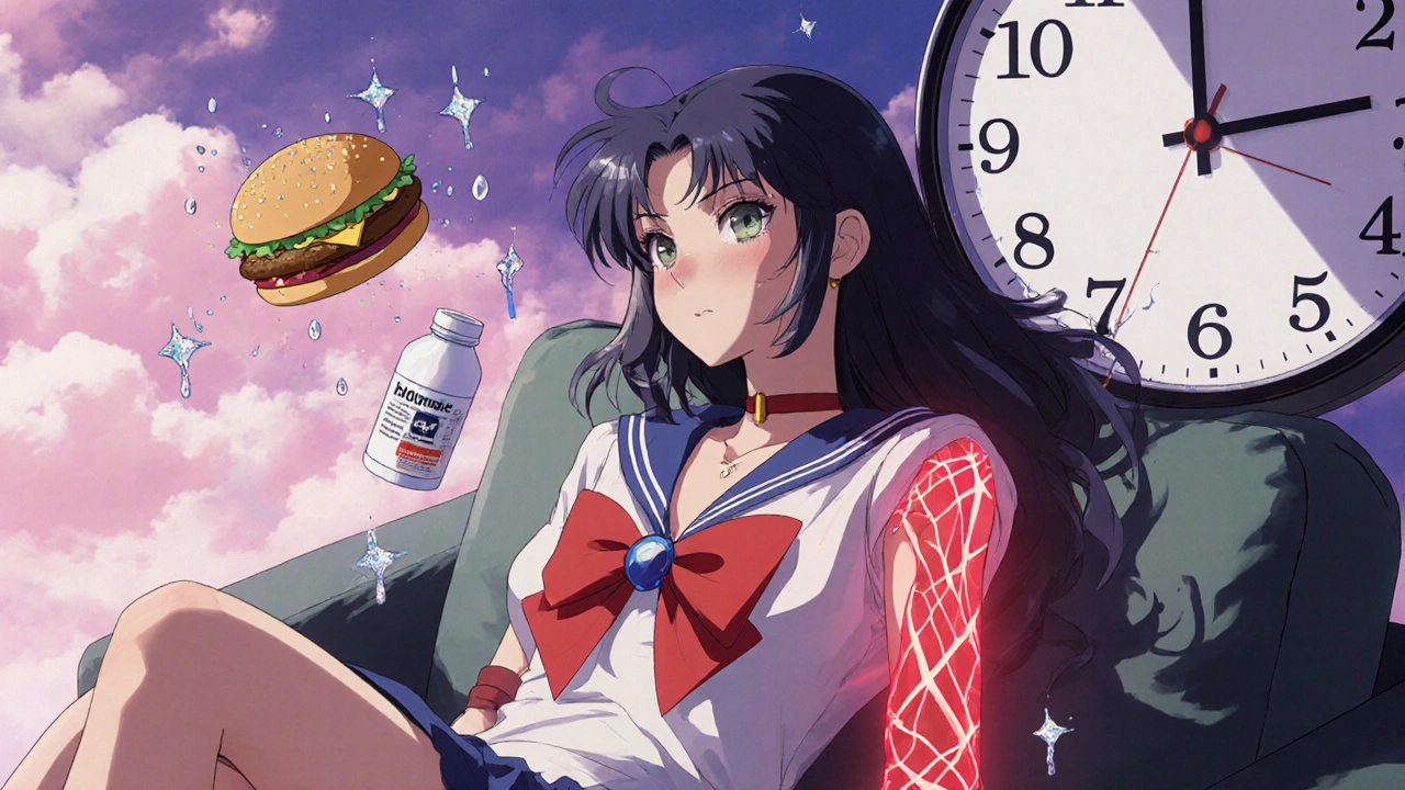 A young woman with glowing red veins from shoulder to heart, shattered indigestion symbols, soft pastel background.