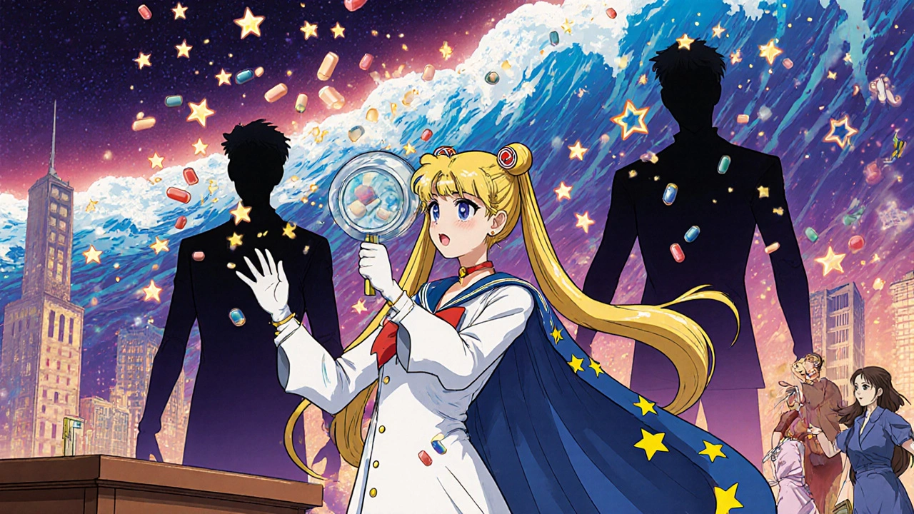 An FDA hero defeats high costs with a magnifying glass revealing identical drug molecules.