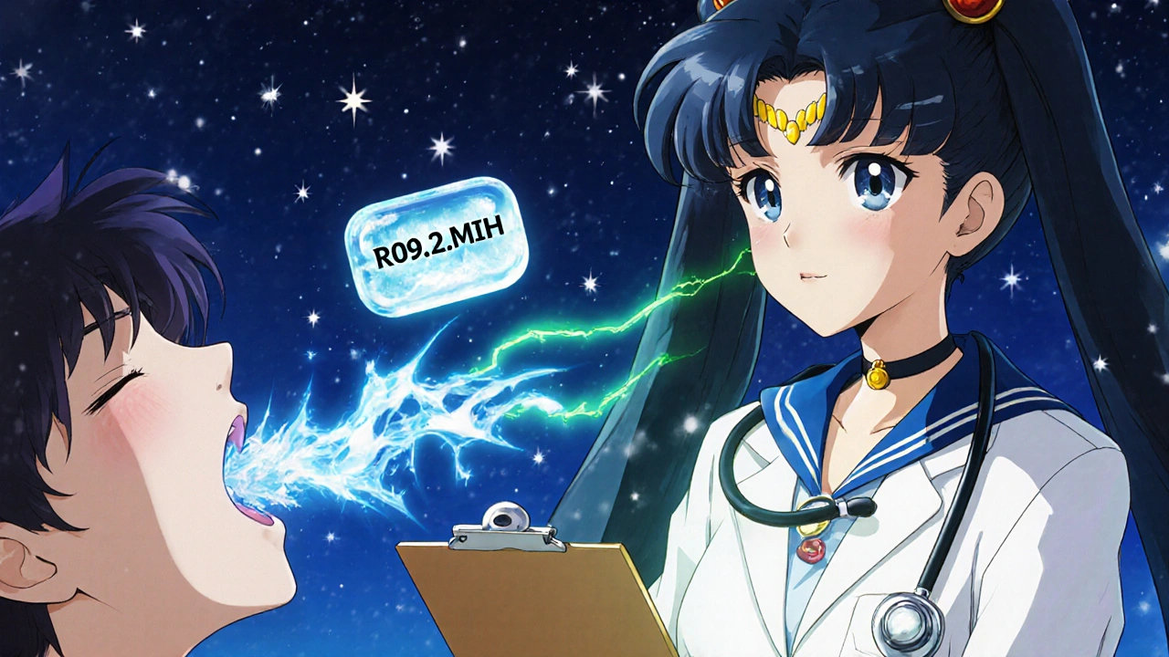 Doctor with moon-shaped stethoscope administers ice water therapy as baclofen glows green.