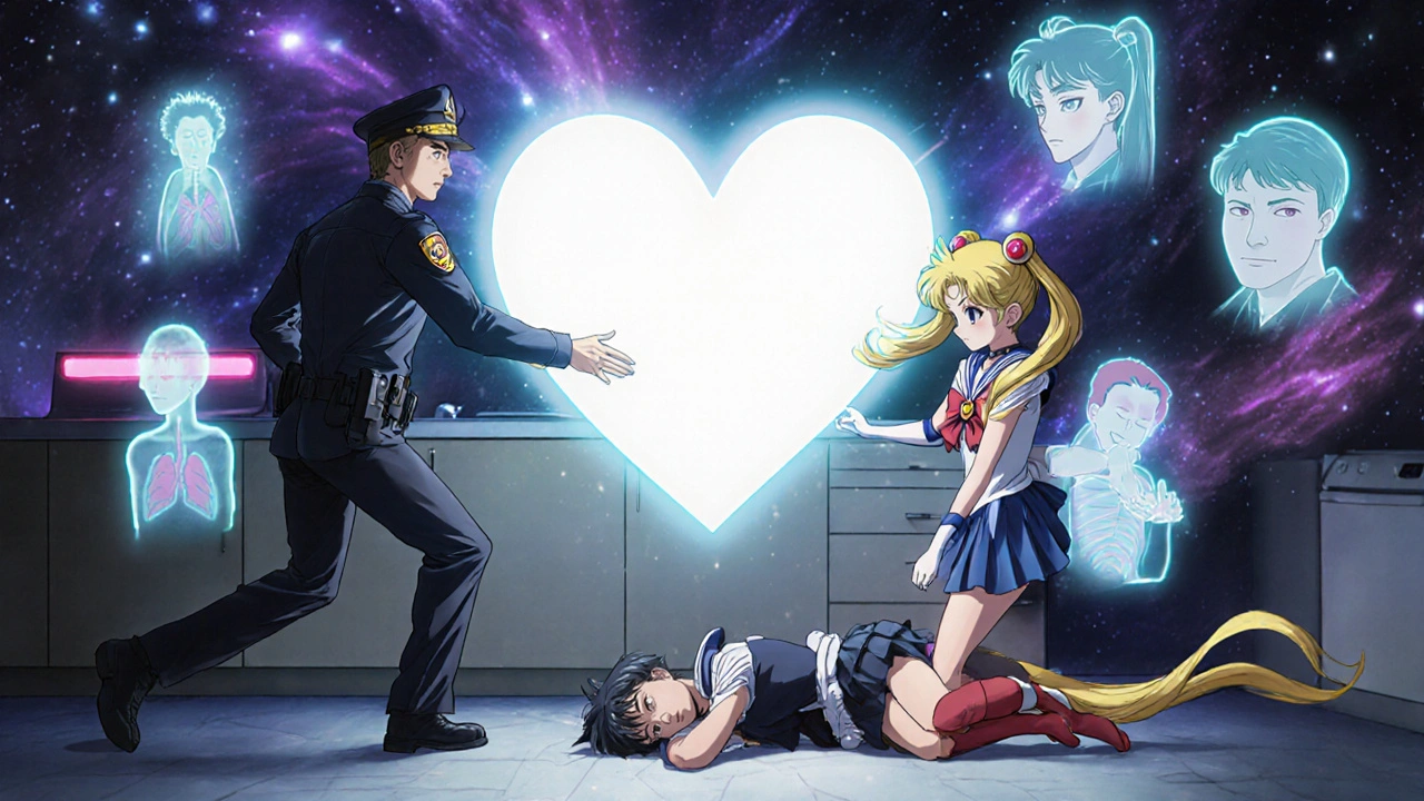 Emergency responder rushes to a collapsed person as a glowing heart shield pulses, floating symptom ghosts dissolve.