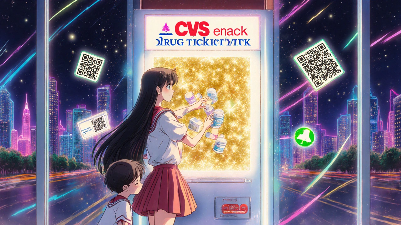 Family using a pharmacy drug take-back kiosk with sparkling disposal portal and floating safety icons.