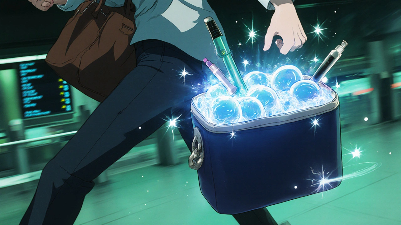 Insulin cooler with glowing ice packs floating beside a traveler rushing through airport security.