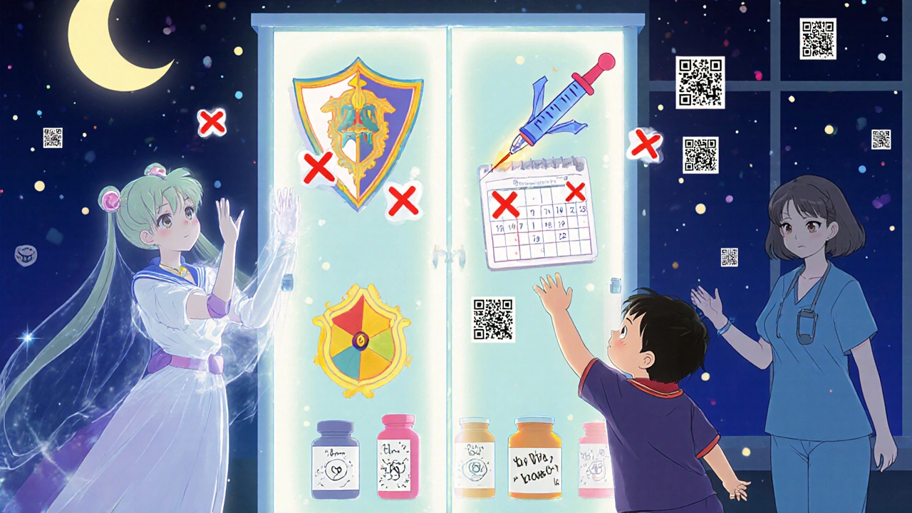 Locked medicine cabinet with safety charms, toddler reaching up, guardian figure blocking access.