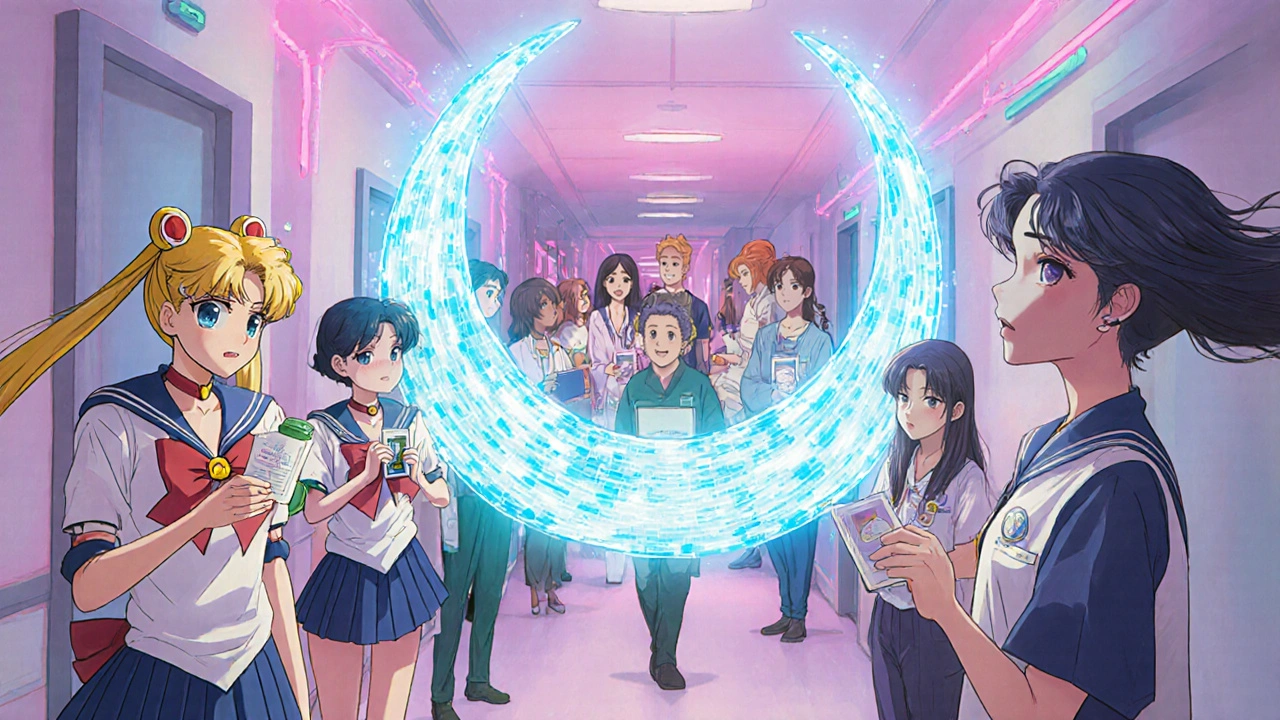 Patients and caregivers forming a protective shield with data streams in Sailor Moon anime style.