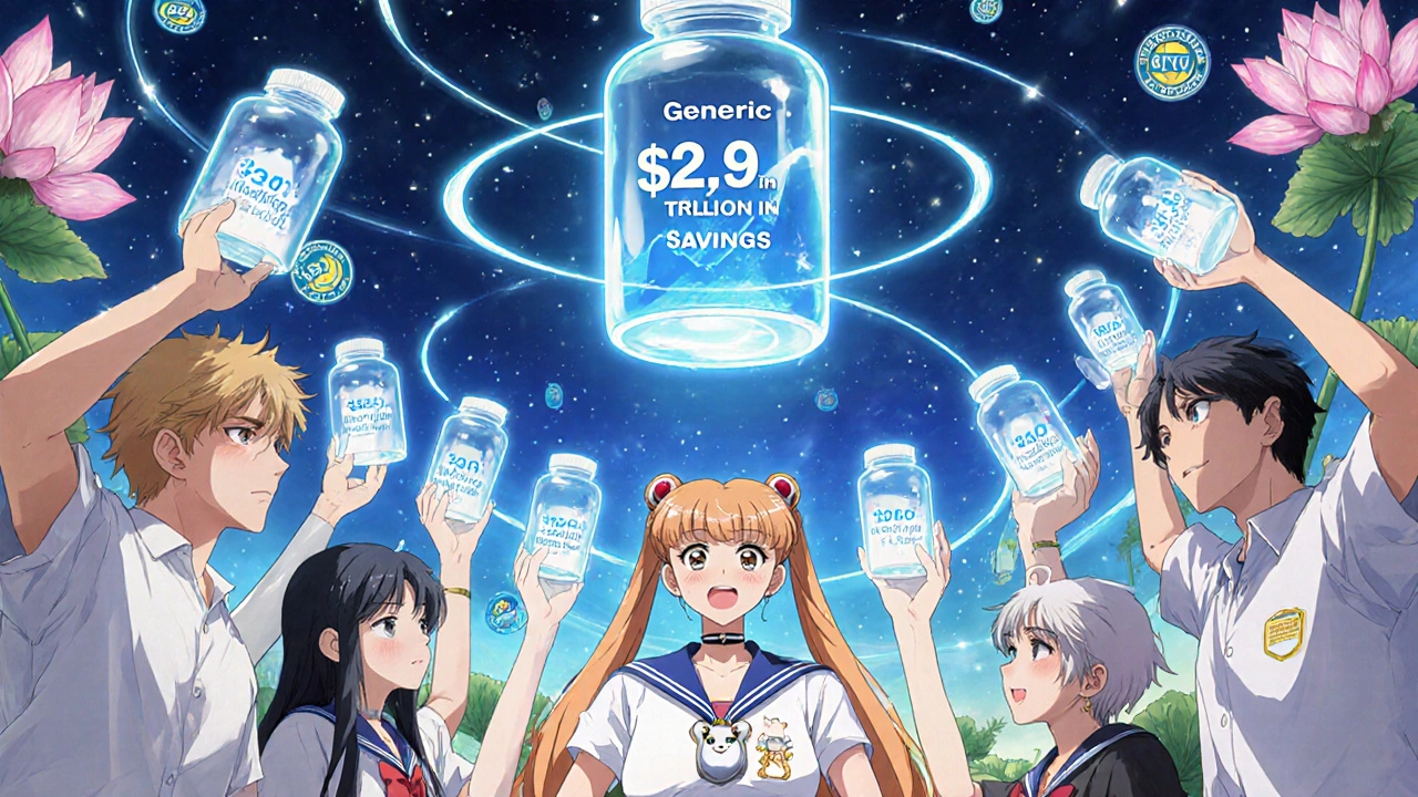 Patients form a glowing circle with generic pill bottles projecting savings data into the sky like magic.