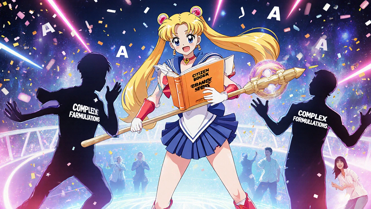 Pharmacist warrior using the Orange Book as a staff to defeat obstacles blocking generic drug access.