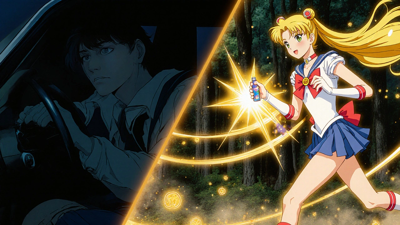 Split scene: drowsy driver vs. energetic hero, with molecular barriers blocking brain entry.