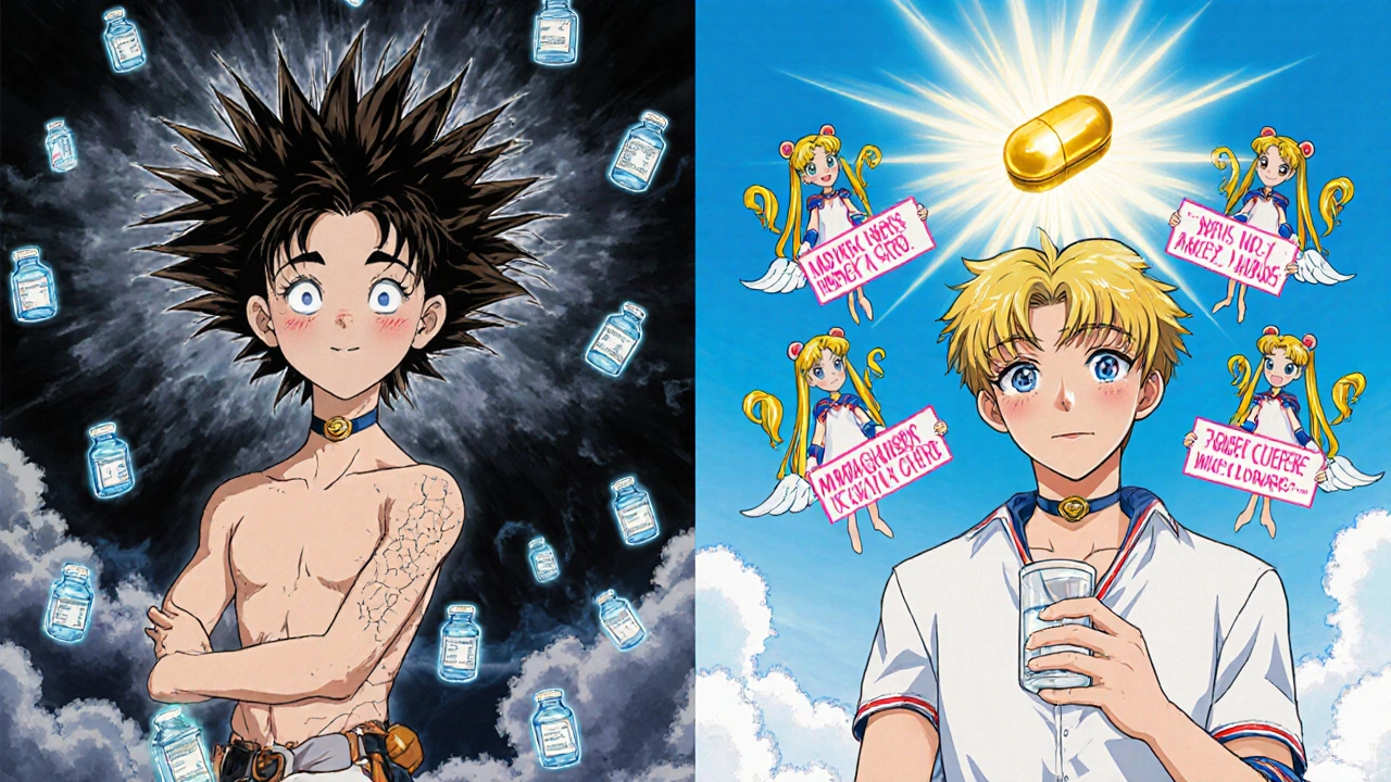 Split scene: suffering patient with hiccups transforms into peaceful one with healing pill.