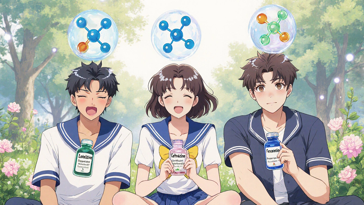 Three friends in a park hold different allergy pills, with molecular structures floating above each.