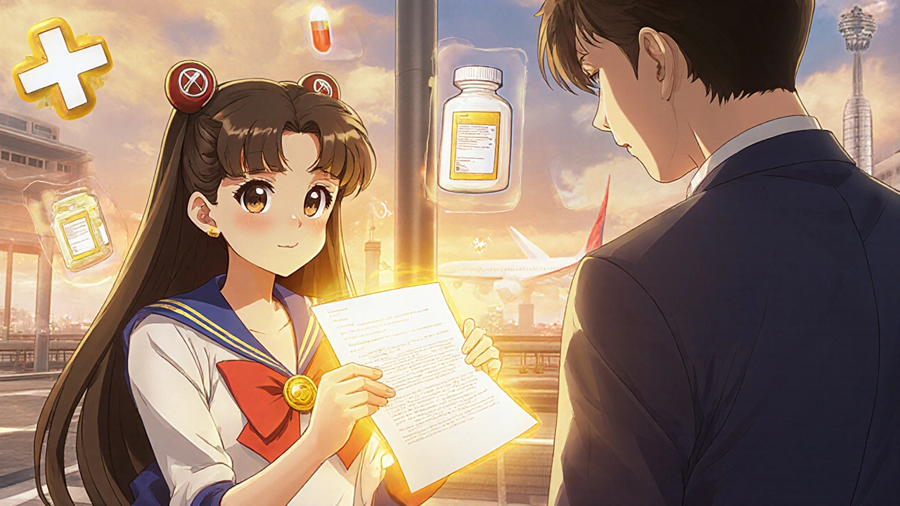 Traveler presenting a glowing doctor’s letter to a customs officer, with holographic medication bottles nearby.
