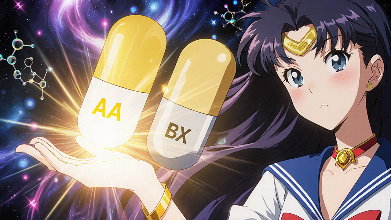 Two generic pills with contrasting &#039;AA&#039; and &#039;BX&#039; codes glowing against a cosmic molecular backdrop.