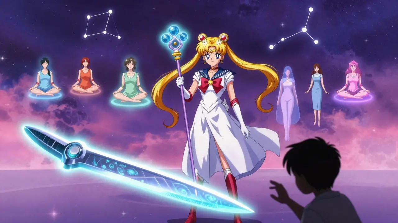 A celestial doctor holds a triple-helix staff as patients float around, with surgery and medication symbols in a cosmic anime setting.