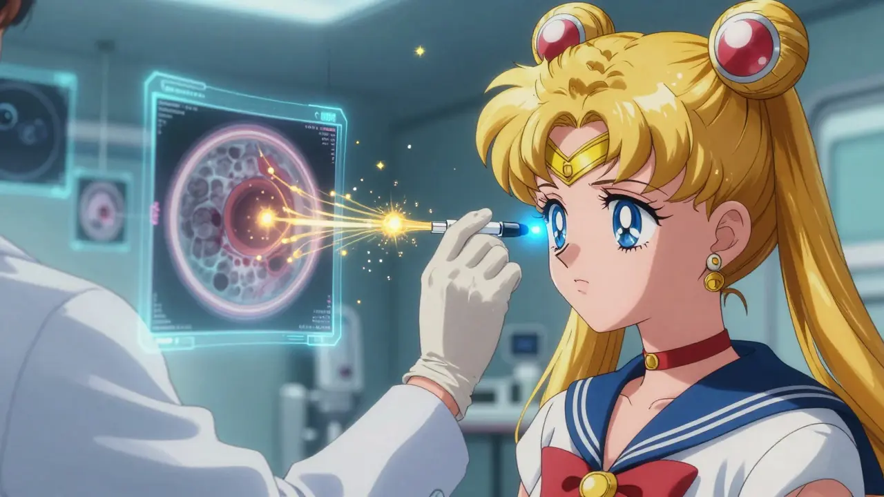 A doctor administers a glowing injection to a patient’s eye, with stardust-like fluid dissolving swelling in a futuristic clinic.