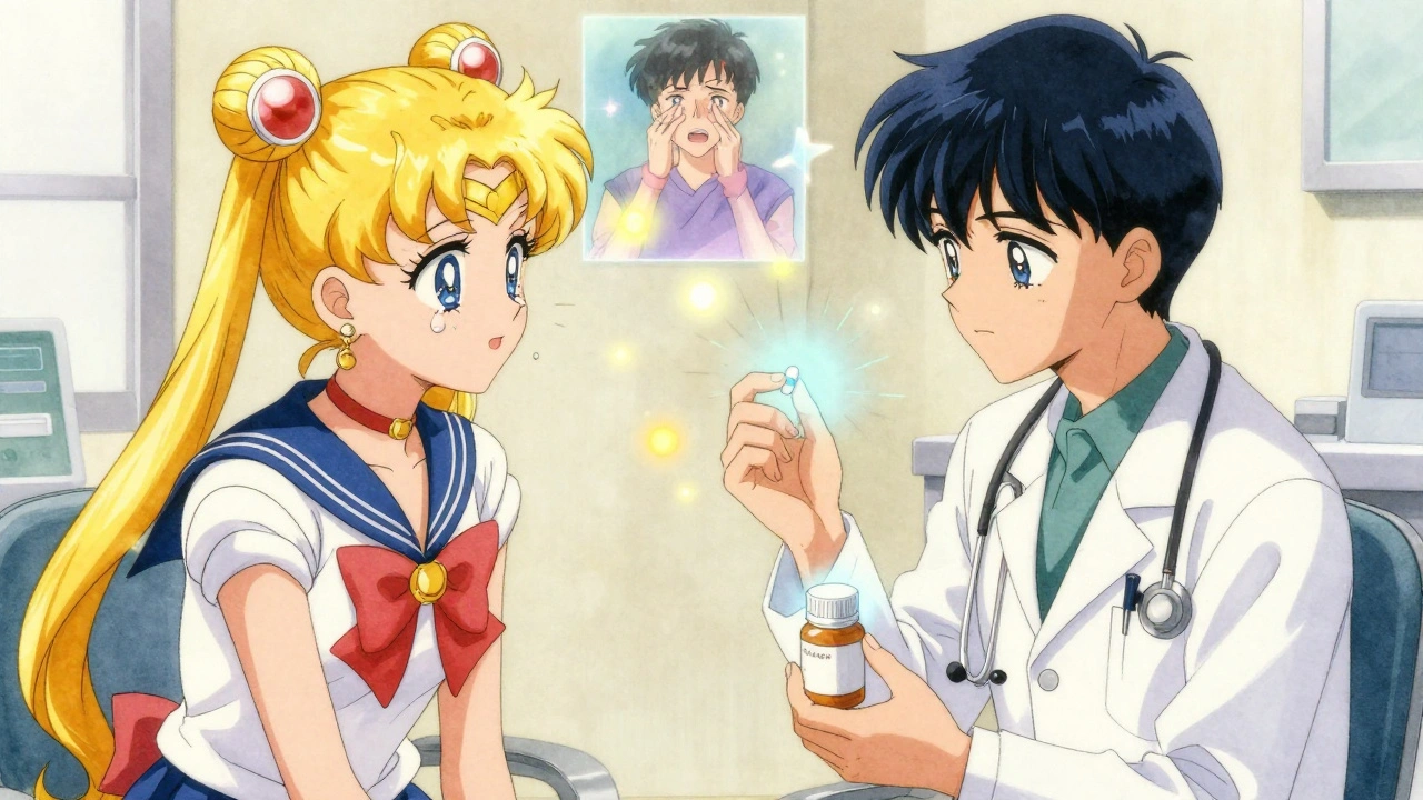 A doctor and patient sit together, holding brand and generic pills that glow with contrasting light, memories flickering behind them.