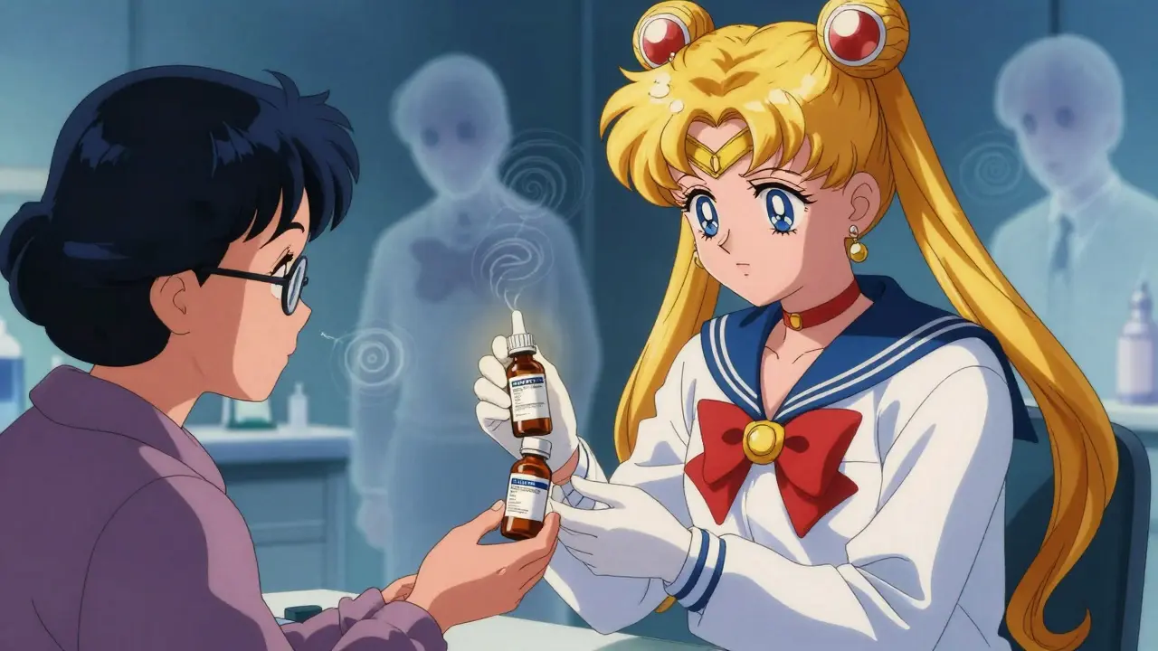 A doctor offers a CBD tincture to an elderly patient, contrasting safe and risky medications.