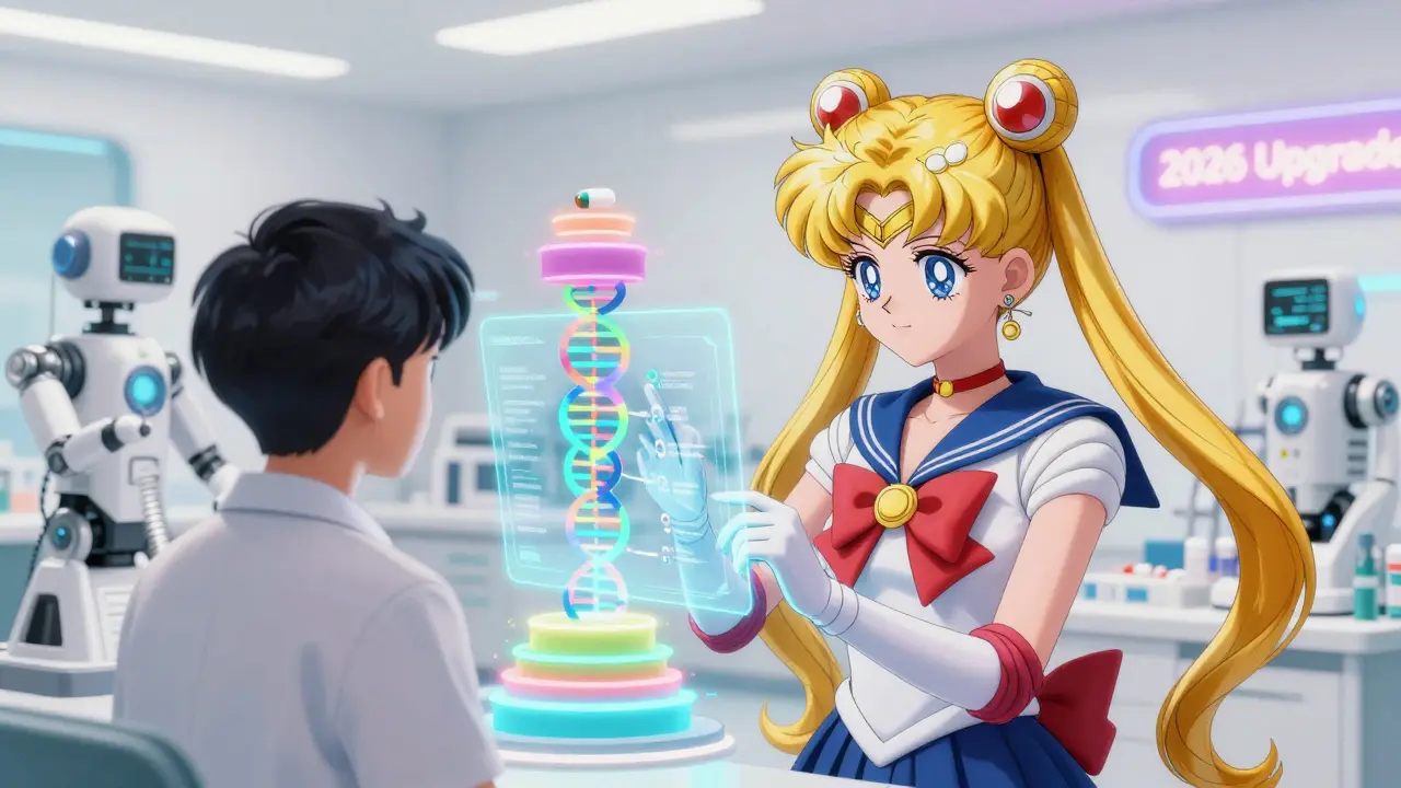 A doctor scans a veteran's DNA with a hologram, matching it to optimal generic meds in a futuristic VA clinic.