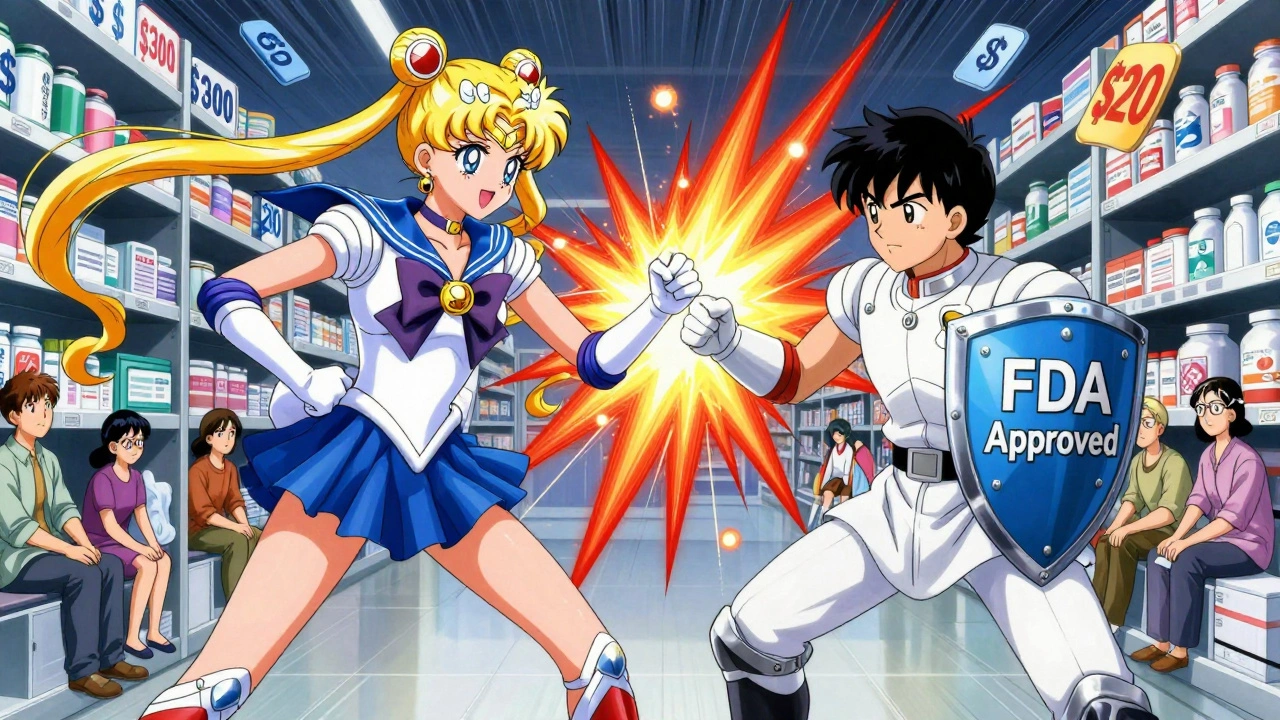 A dramatic anime battle between branded and generic pill warriors on a pharmacy shelf battlefield.