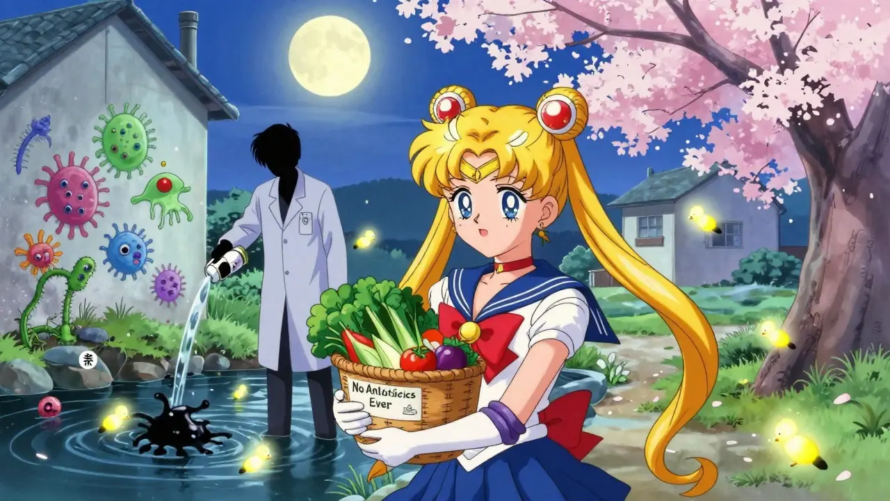 A girl holds organic vegetables as antibiotics pollute a river, with glowing bacteria and healing fireflies.