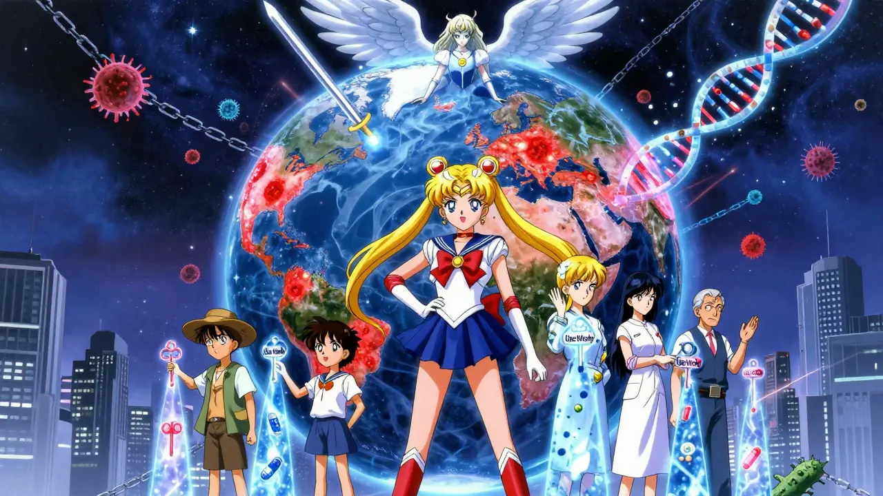 A globe covered in infection hotspots as people unlock a portal to new antibiotics with glowing keys.