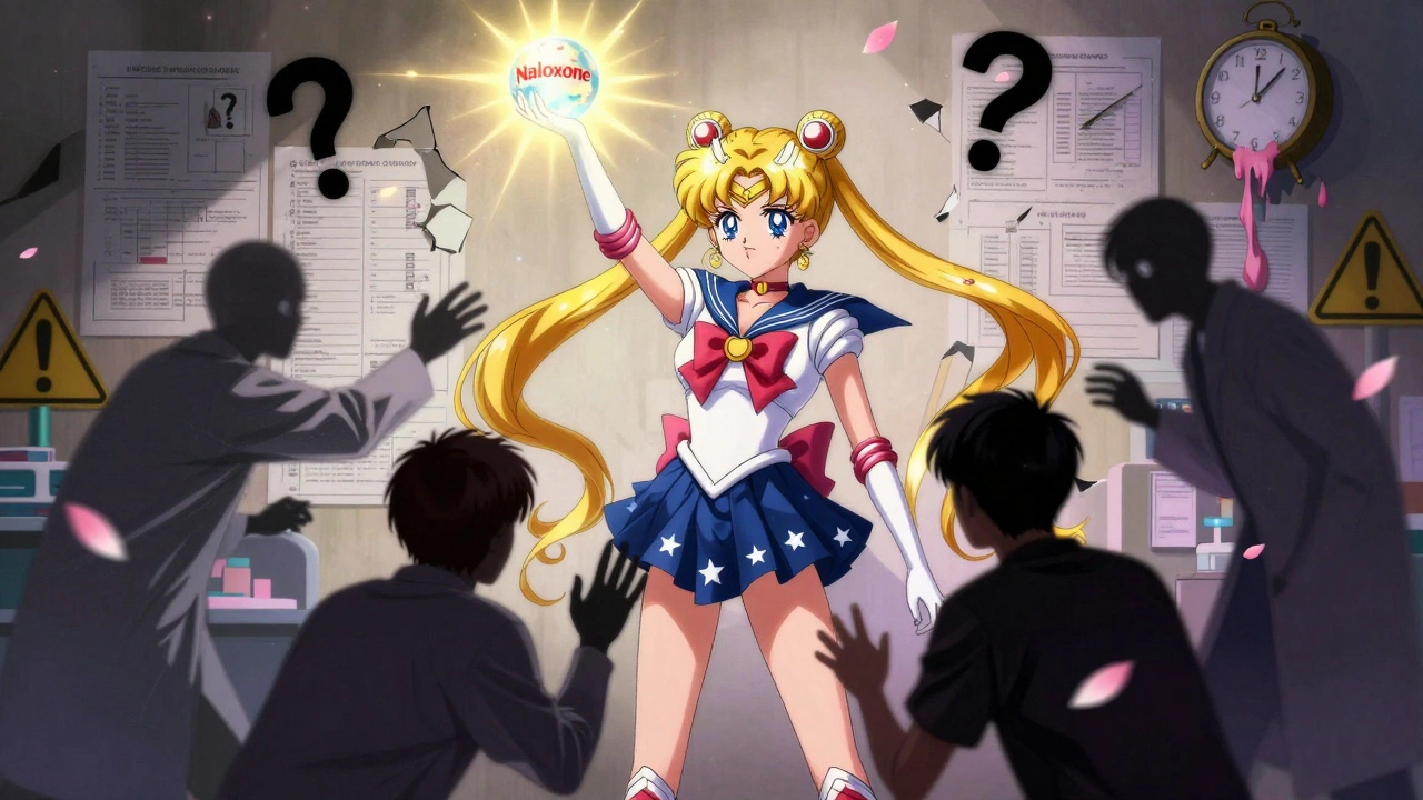 A heroic figure holds a glowing naloxone orb as medical professionals reach toward her, surrounded by floating warnings and melting clocks.