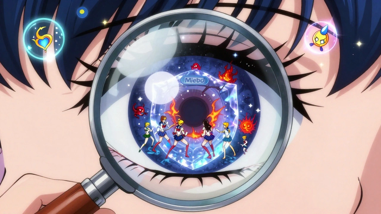 A magnified eye with tear droplets in sailor uniforms fighting inflammation demons, protected by a shimmering Miebo shield.