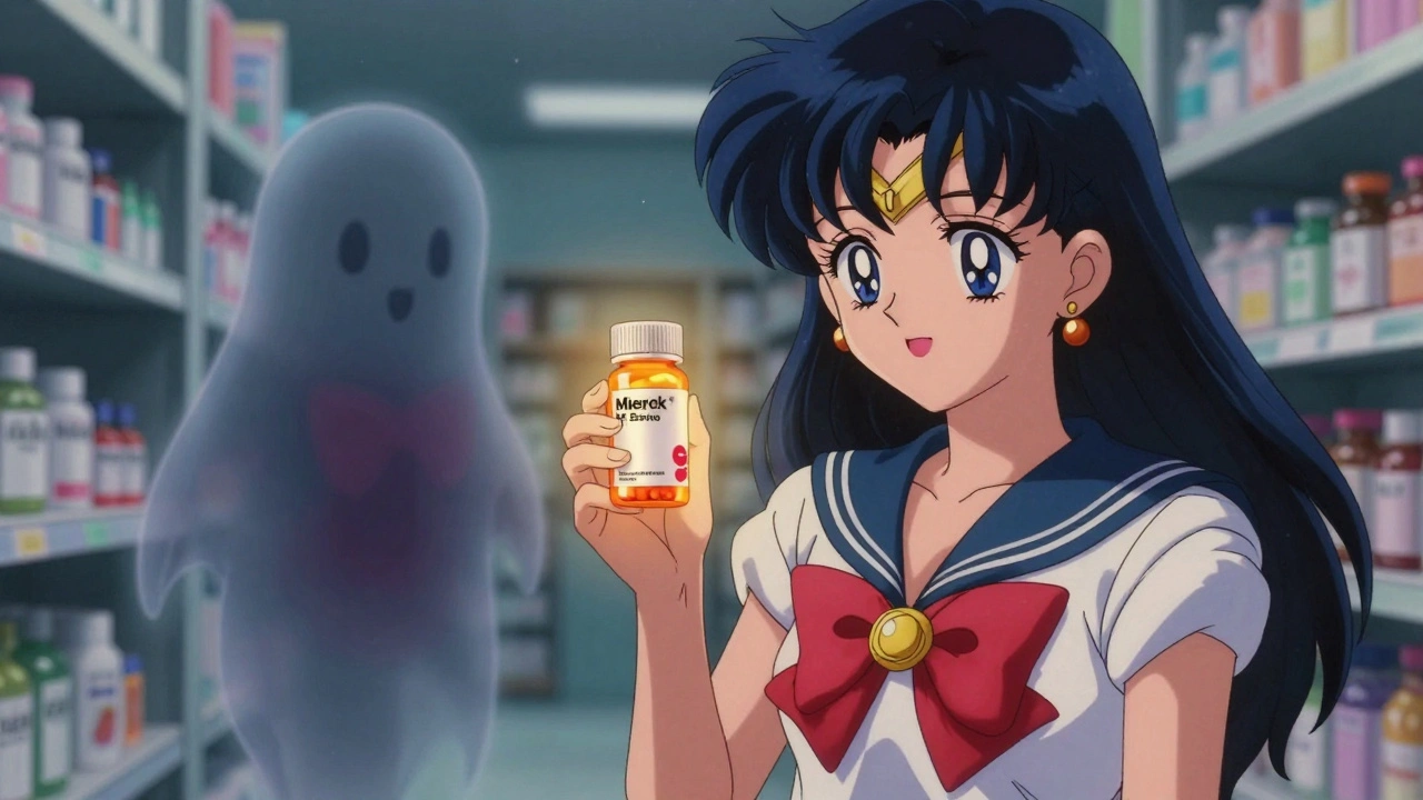 A patient holds a bottle with a familiar brand logo as a ghostly version of their original pill smiles beside it.