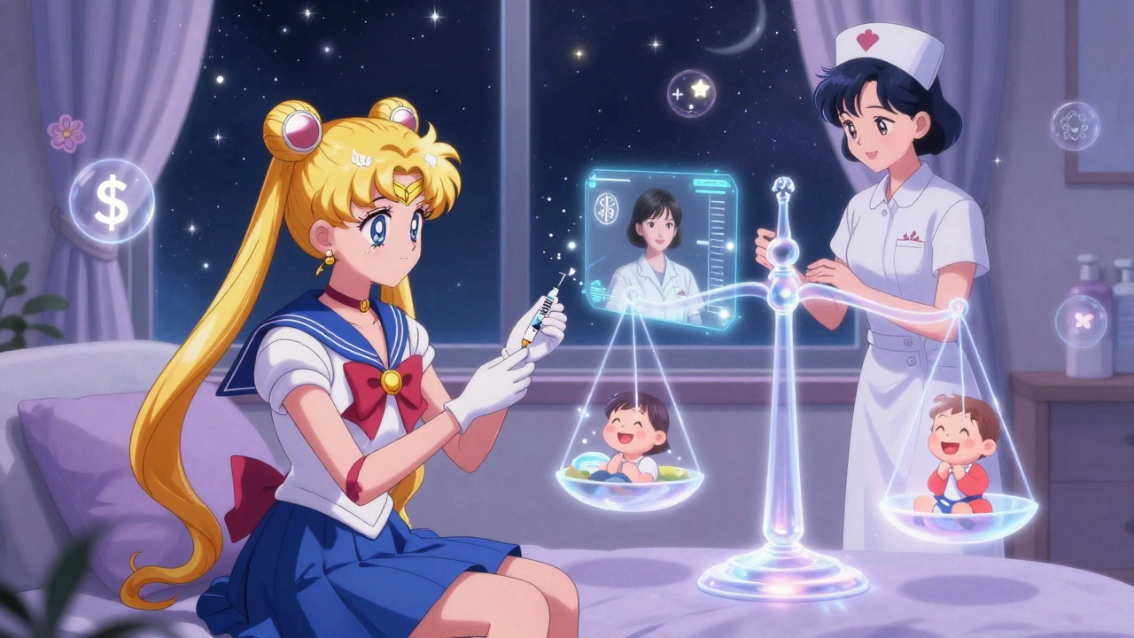 A patient receiving an injection at home with a nurse's hologram and savings icons floating nearby.