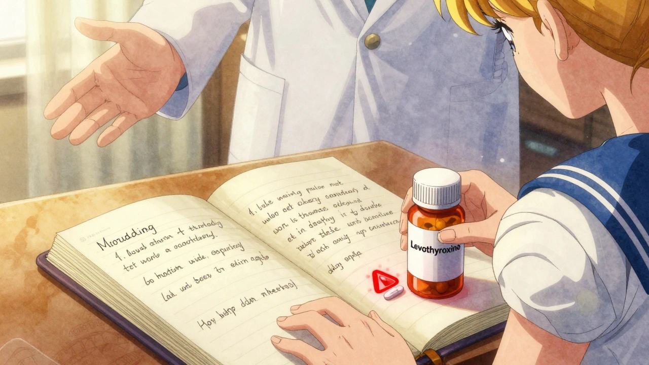 A patient’s journal with handwritten symptoms next to a warning symbol over a thyroid pill bottle.