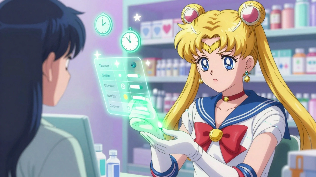 A pharmacist gives a sample pill to a hesitant patient, surrounded by floating symbols of trust, time, and safety in a neon-lit pharmacy.