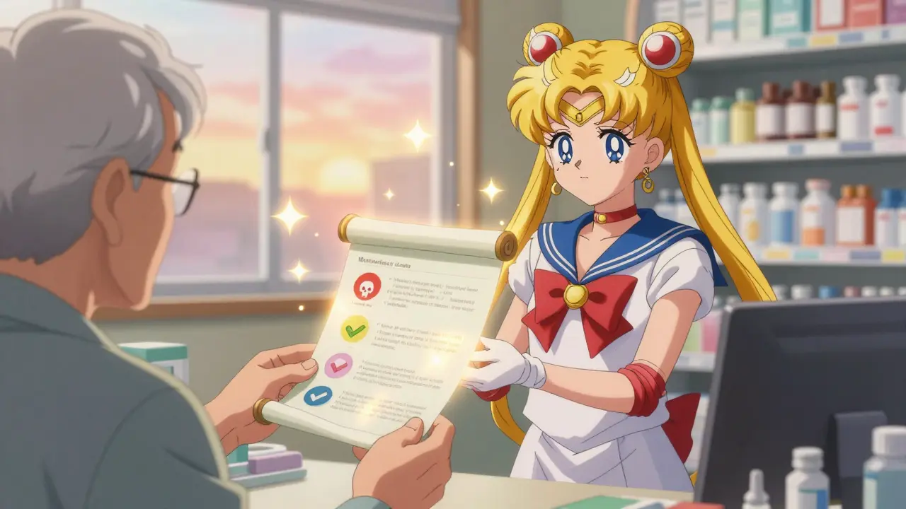 A pharmacist hands a glowing medication guide to an elderly patient in a warm, sunlit pharmacy.