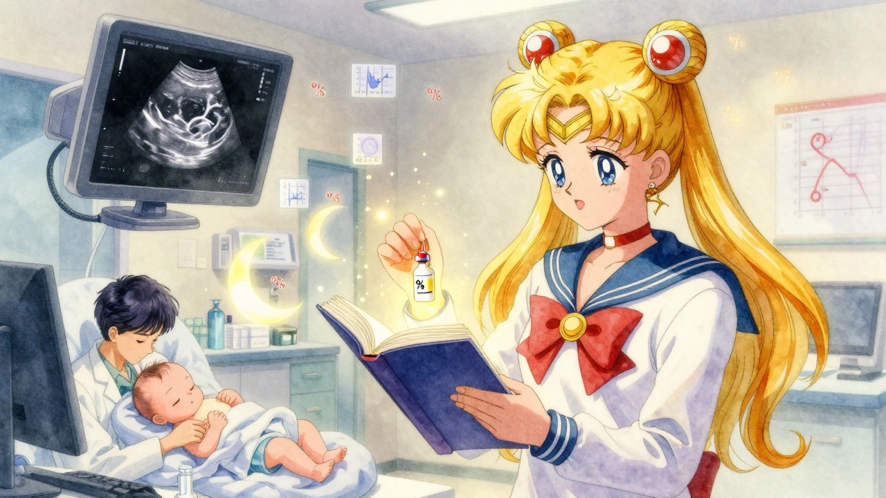 A pharmacist holding a transforming drug label with animated scenes of prenatal care and breastfeeding in soft anime style.