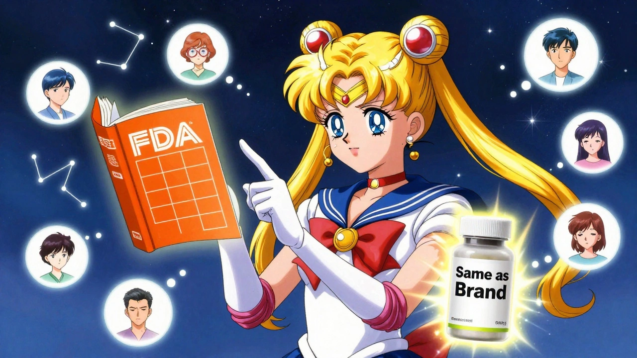 A pharmacist points to a glowing authorized generic pill beside a blank FDA Orange Book, surrounded by happy patient icons.