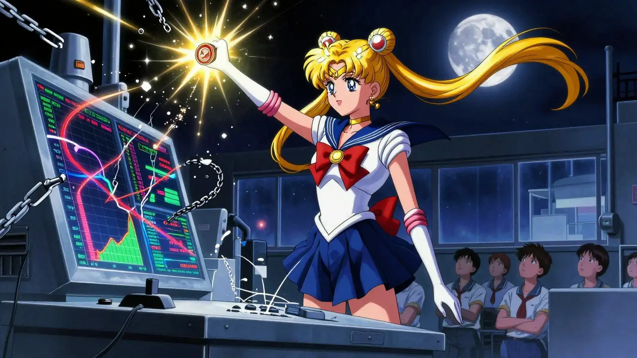 A quality officer shatters corrupted data chains with golden light in a moonlit factory control room.