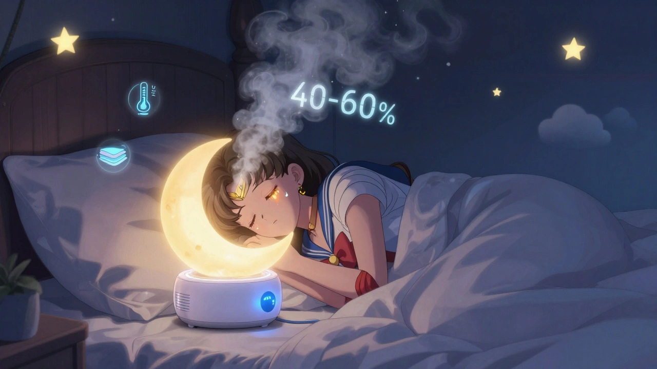 A sleeping girl in a moonlit room with a crescent moon humidifier releasing mist, symbolizing optimal humidity for dry eye relief.
