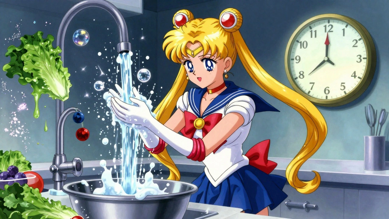 A superheroine scrubs her hands under sparkling soap bubbles, dissolving contaminated food and surfaces.