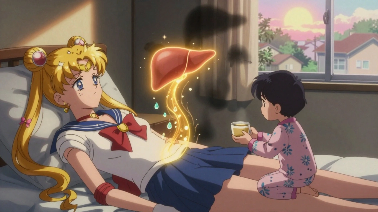 A tired adult recovers as golden energy heals their liver, with a child offering broth at sunrise.